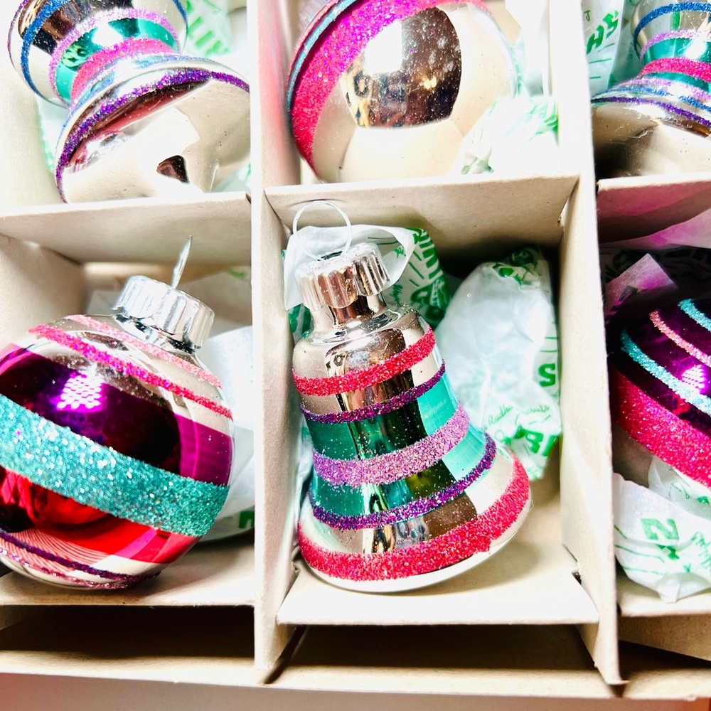 12 Radko Spools Bells Beehives Balls Glass Ornaments Pink Teal Purple Glitter - Picture 6 of 13
